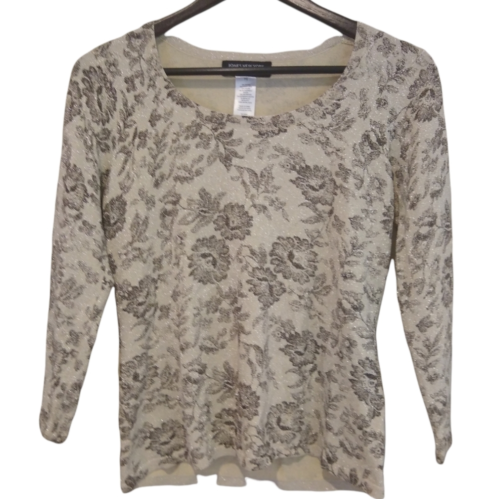Jones New York Petite Shimmering Floral Silver Metallic Stretch Knit Top  PS